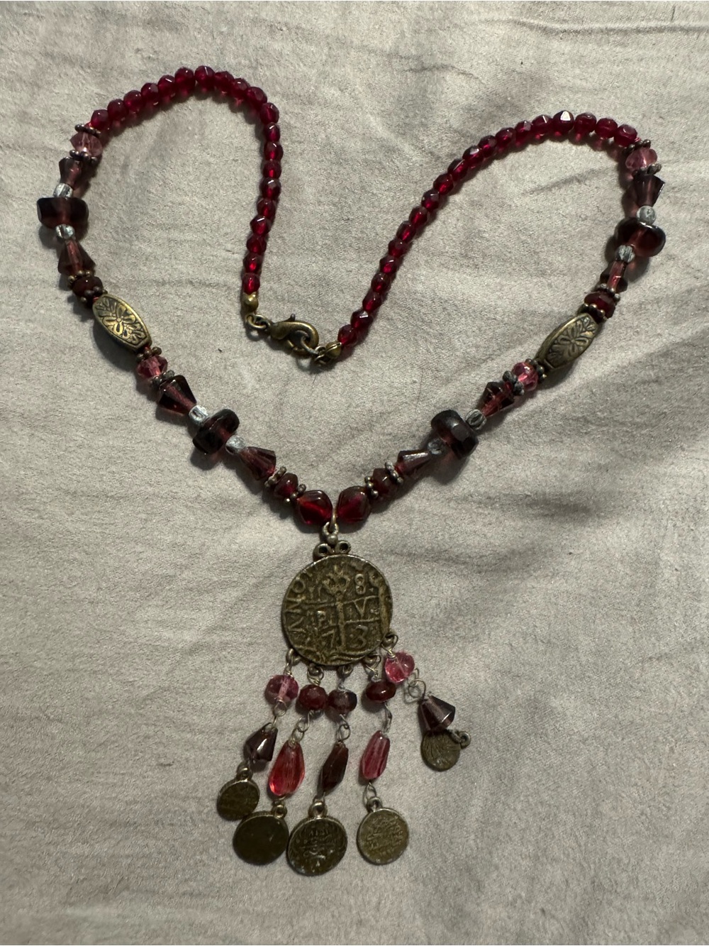 Vintage Red & Coin Beaded Necklace - Bohemian Statement Jewelry